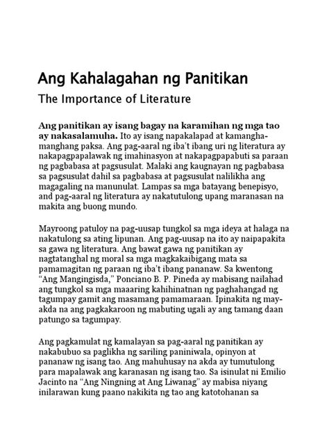 Kahalagahan Ng Panitikan Sa Buhay At Sa Lipunan – Halimbawa .